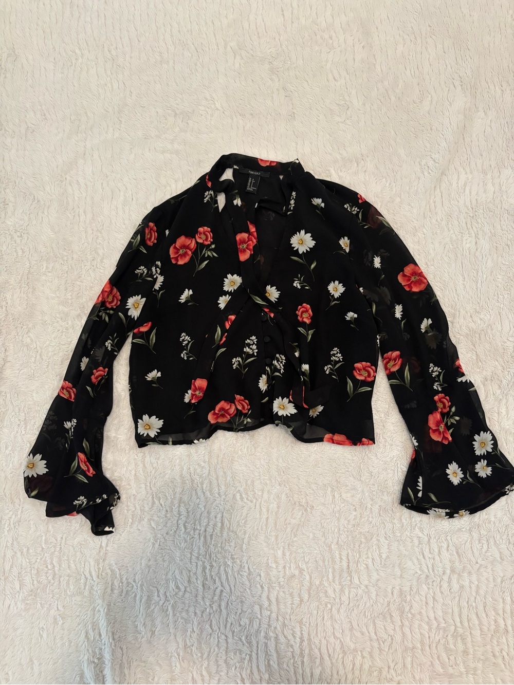 Forever 21 Black Floral Tie-Front Top with Red & White Flowers